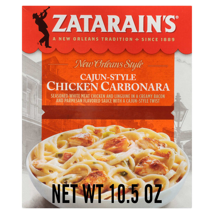 Zatarain's Cajun-Style Chicken Carbonara box shows a bowl of pasta with chicken and a creamy sauce.