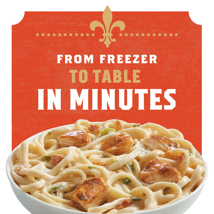 A bowl of creamy chicken pasta with the words 'From Freezer to Table in Minutes' on a red background.