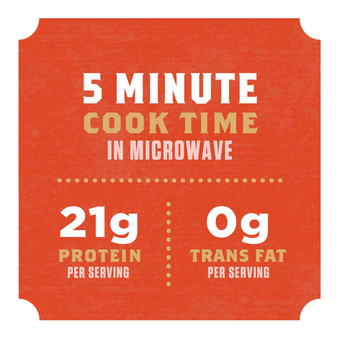 A red label with white text that says 5 minute cook time in microwave, 21g protein per serving, and 0g trans fat per serving.