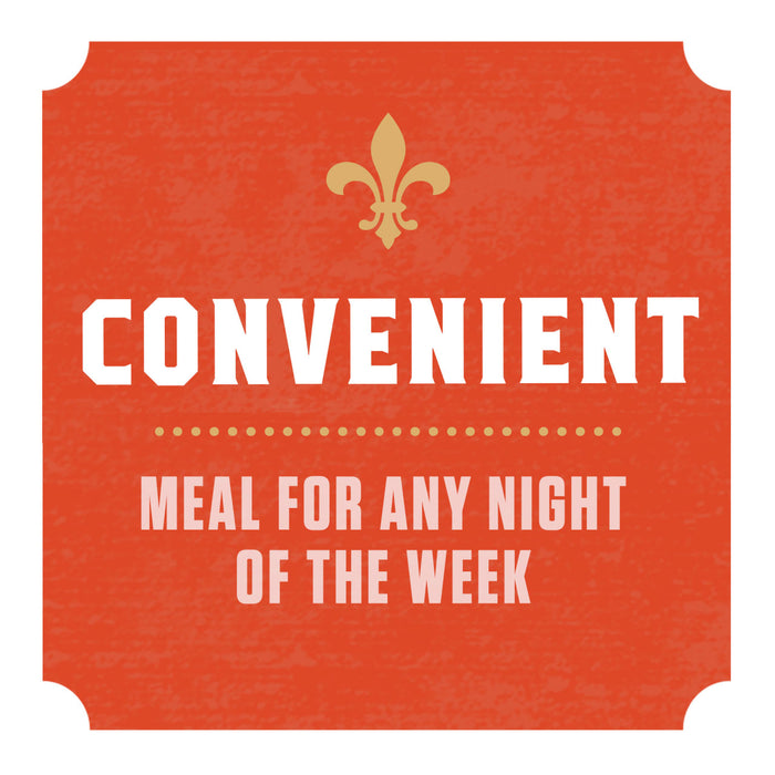 A red and gold graphic with the text 'Convenient Meal for Any Night of the Week.'