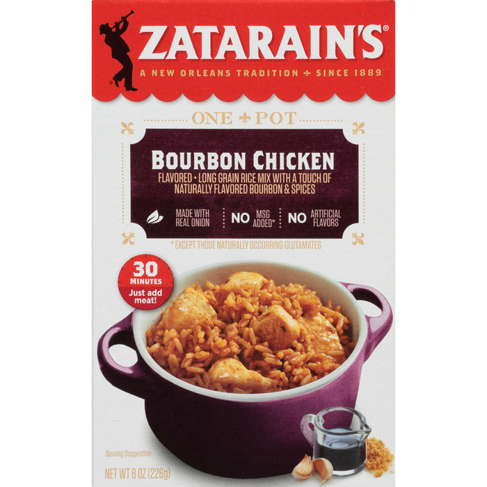 A box of Zatarain's One Pot Bourbon Chicken rice mix with a serving suggestion of the finished product.