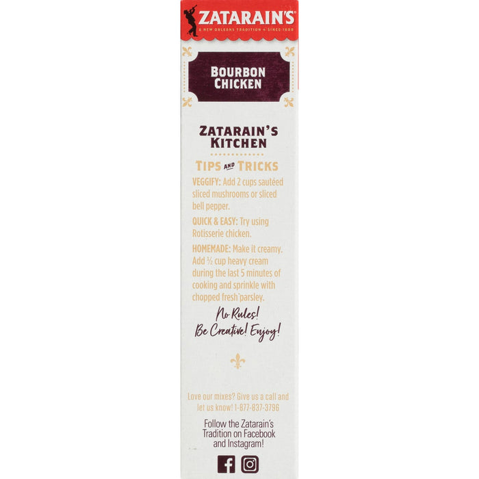 Zatarain's Bourbon Chicken Kitchen packaging with tips and tricks for making the dish.