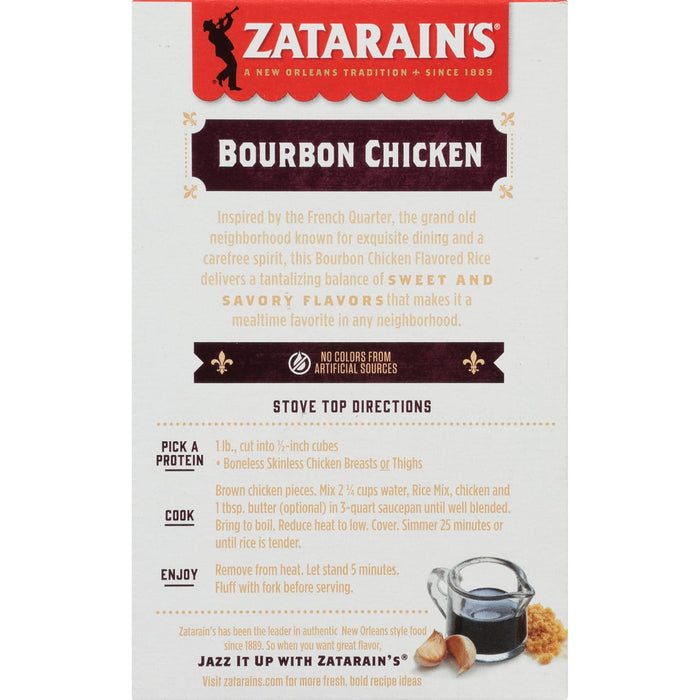 Zatarain's Bourbon Chicken rice mix package with instructions and a picture of the ingredients.