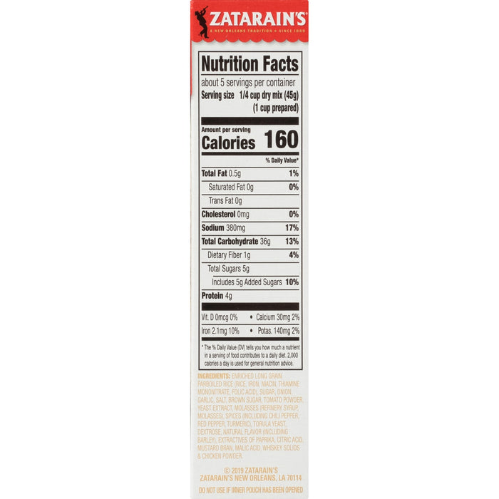 Zatarain's nutrition facts label for their long grain parboiled rice mix.