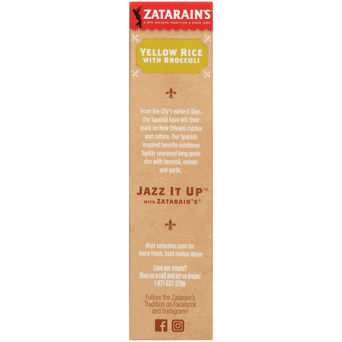 Zatarain's Yellow Rice with Broccoli box with a description of the product and contact information.