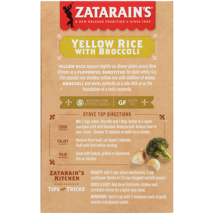 Zatarain's Yellow Rice with Broccoli box shows the ingredients and cooking instructions.