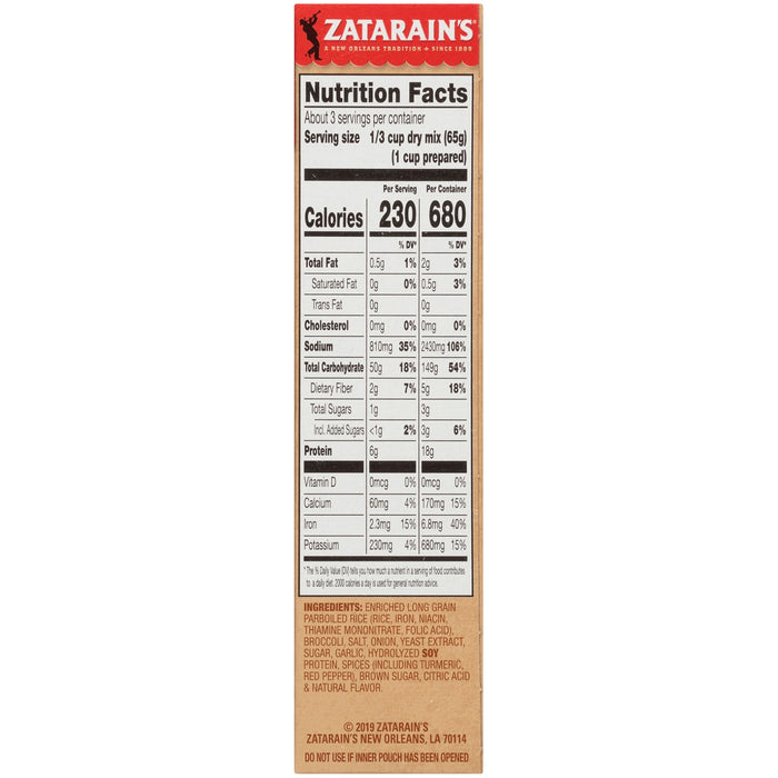Zatarain's nutrition facts label for their rice mix.