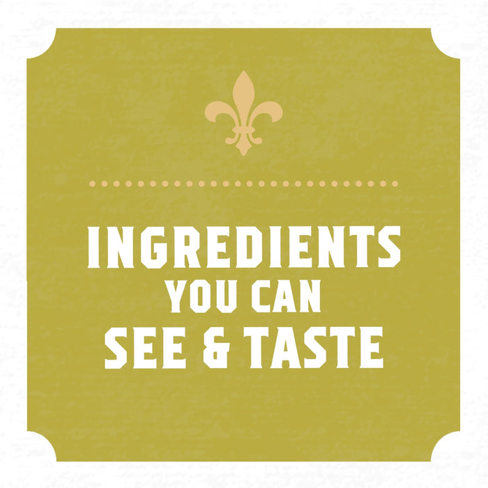 A square graphic with a fleur-de-lis at the top and the text Ingredients you can see and taste.