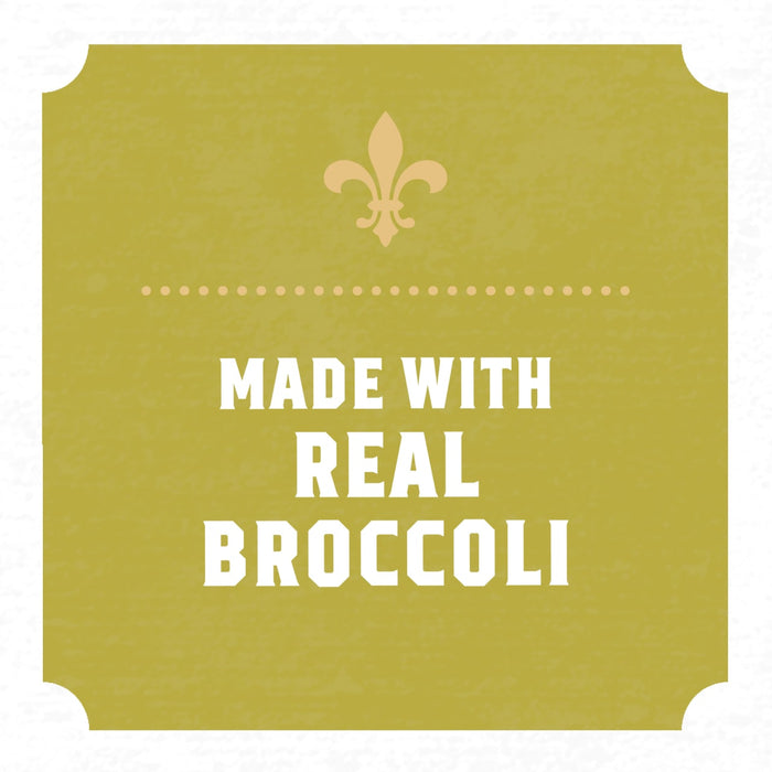 A label indicating the product is made with real broccoli, featuring a fleur-de-lis symbol.