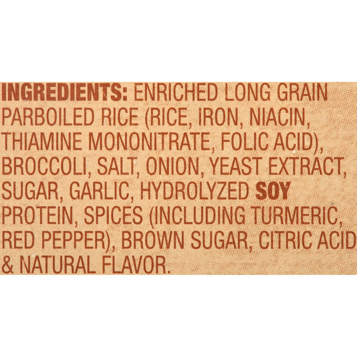 A list of ingredients for a product containing rice, broccoli, and spices.
