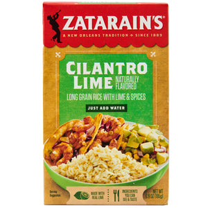 A box of Zatarain's Cilantro Lime rice mix with a serving suggestion of shrimp tacos.