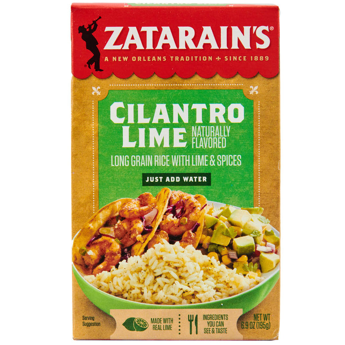 A box of Zatarain's Cilantro Lime rice mix with a serving suggestion of shrimp tacos.