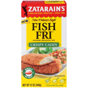 A box of Zatarain's Crispy Cajun Fish Fri seasoning mix.