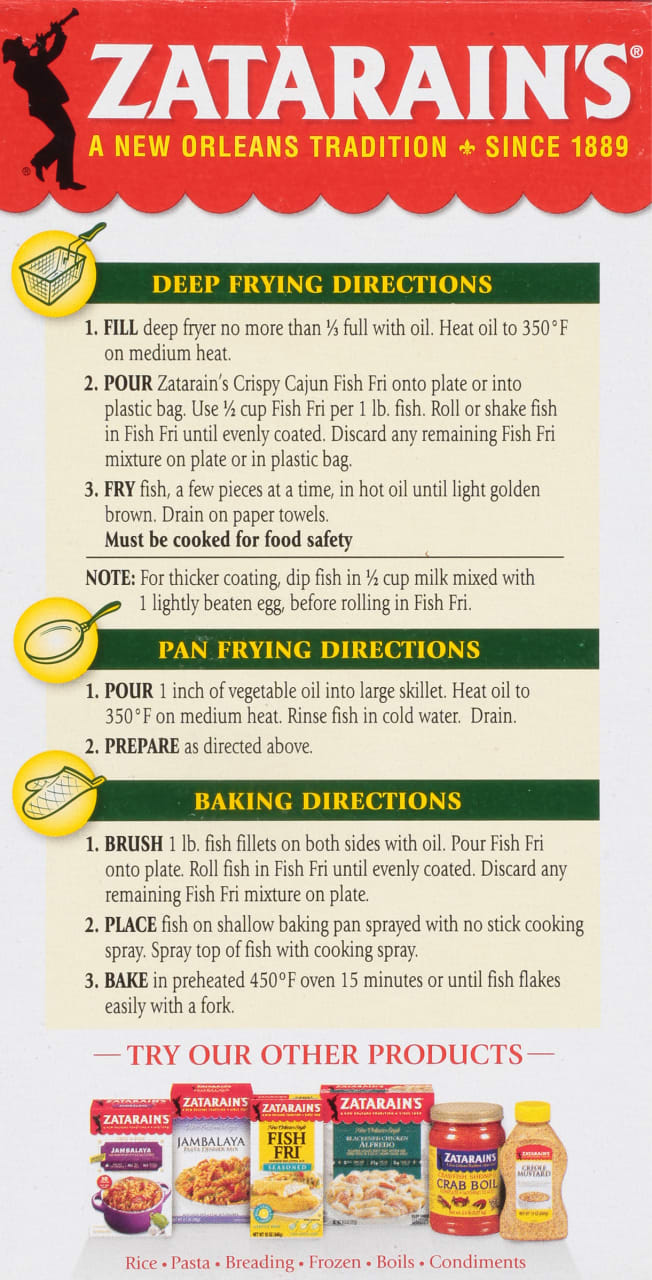 Zatarain's brand packaging with instructions on how to cook fish.