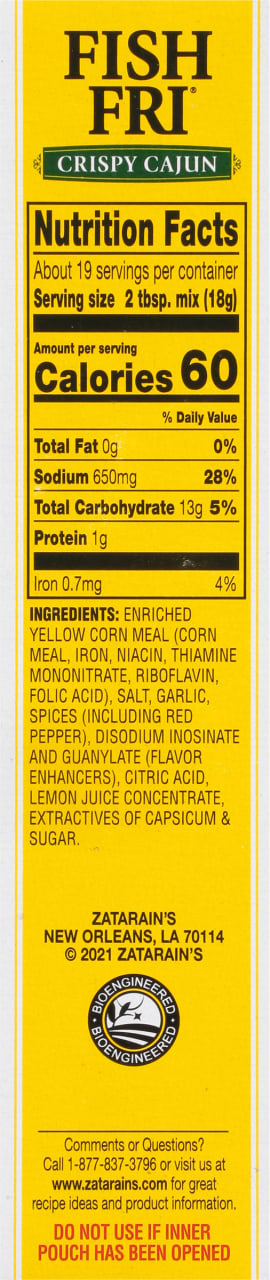 Nutrition facts label for Zatarain's Fish Fri Crispy Cajun.