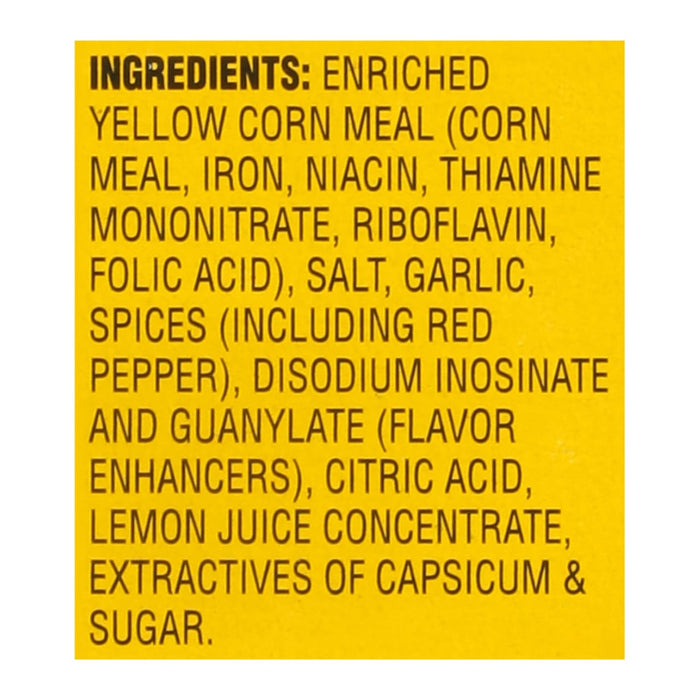 A list of ingredients for a product, including yellow corn meal, iron, niacin, thiamine mononitrate, riboflavin, folic acid, salt, garlic, spices, disodium inosinate, and guanylate.