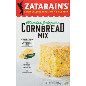 A box of Zatarain's Cheddar JalapeA?o Cornbread Mix with a serving suggestion on the front.