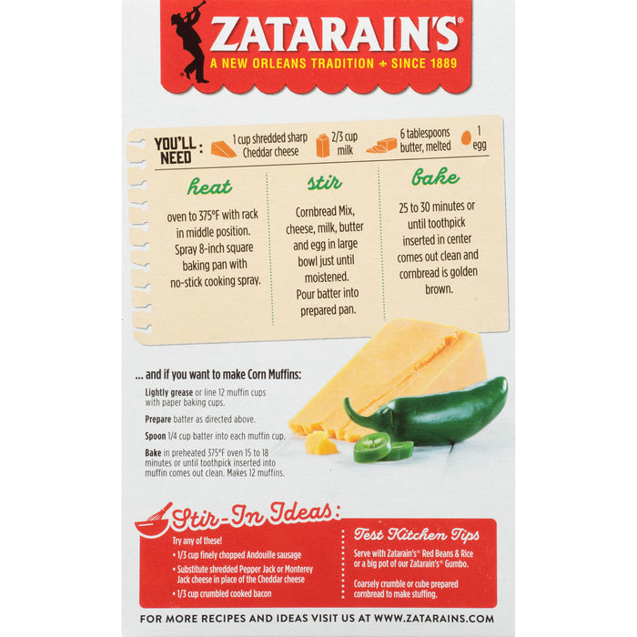 A Zatarain's box with instructions on how to make cornbread and cornbread muffins.