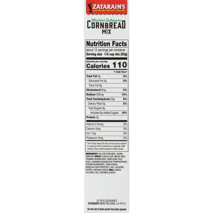 Zatarain's Cheddar JalapeA?o Cornbread Mix nutrition facts label.