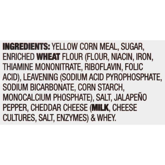 A list of ingredients for a product containing yellow corn meal, sugar, enriched wheat flour, and cheddar cheese.