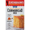 A box of Zatarain's Honey Butter Cornbread Mix with a serving suggestion of a slice of cornbread.