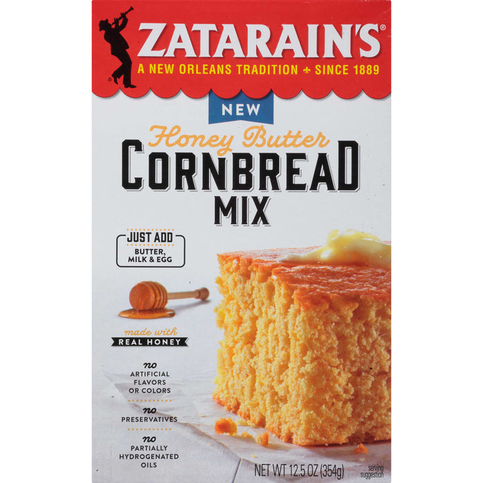 A box of Zatarain's Honey Butter Cornbread Mix with a serving suggestion of a slice of cornbread.