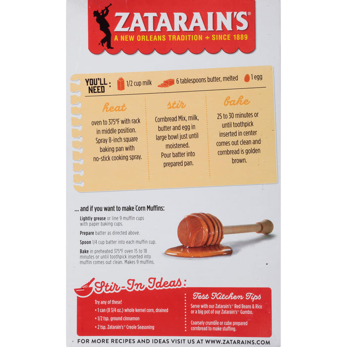 A Zatarain's box with instructions on how to make cornbread and corn muffins.