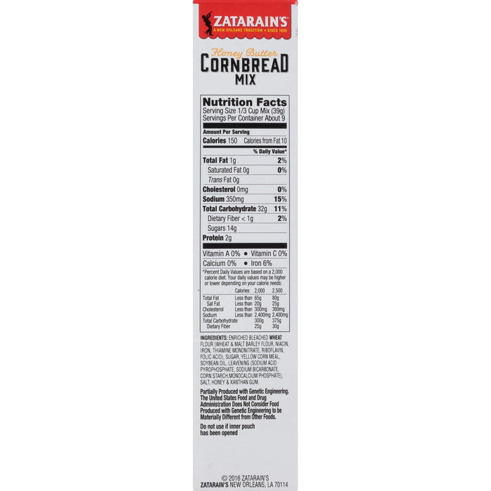 Zatarain's Honey Butter Cornbread Mix nutrition facts label.