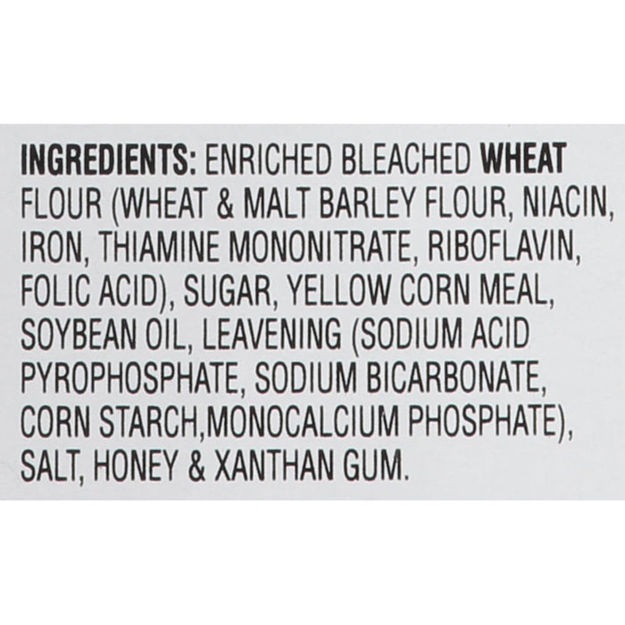 A list of ingredients for a product, including enriched bleached wheat flour, sugar, yellow corn meal, soybean oil, and honey.