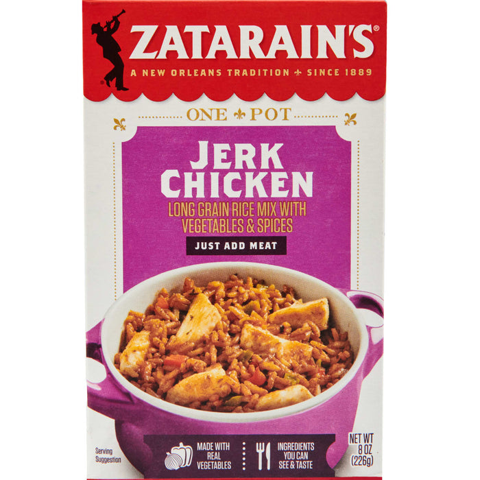 A box of Zatarain's One Pot Jerk Chicken long grain rice mix with vegetables and spices.