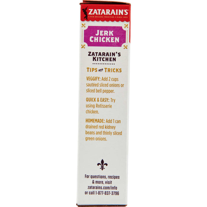 Zatarain's Jerk Chicken Kitchen packaging with tips and tricks for preparing the dish.