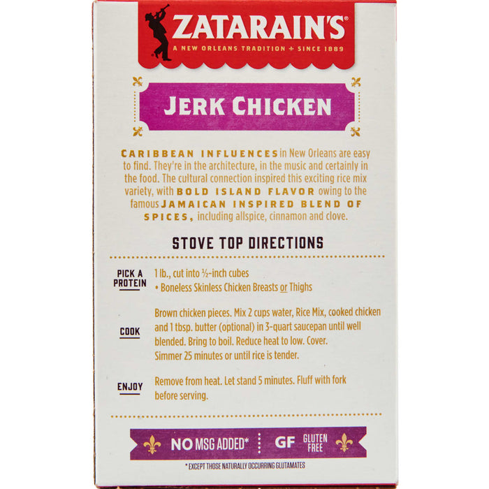 Zatarain's Jerk Chicken Stove Top Directions box with a picture of a fleur-de-lis.