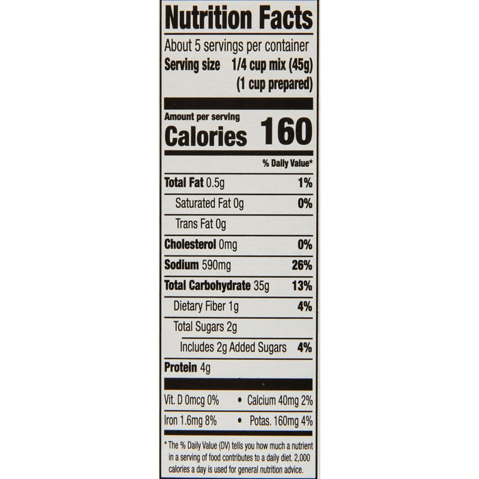 Nutrition facts label for a 1/4 cup serving of a food mix.
