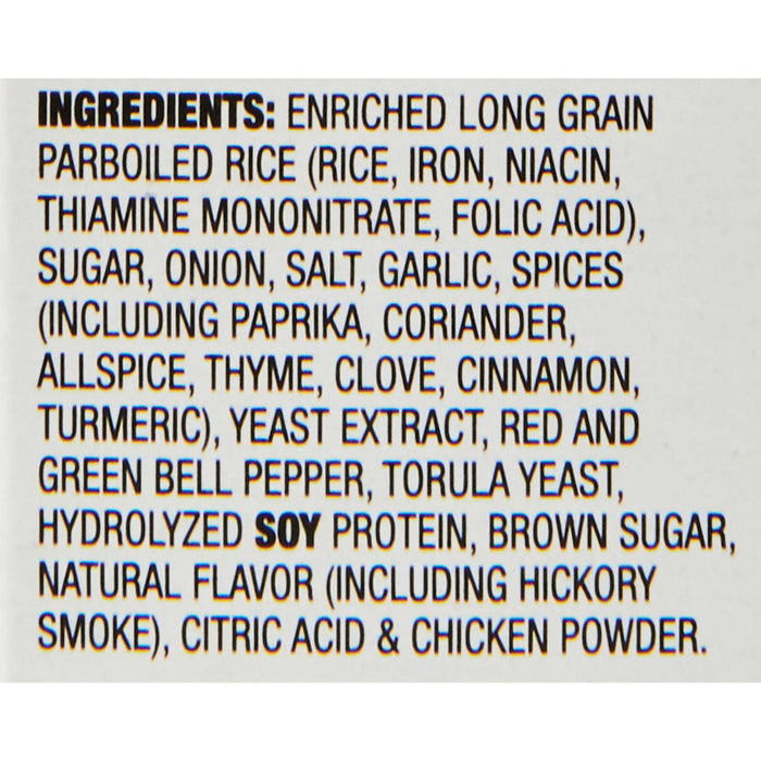 A list of ingredients for a product containing rice, spices, and soy protein.