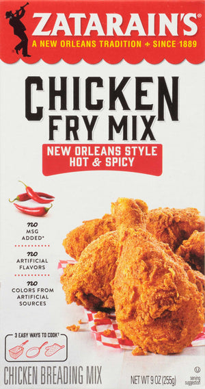 A box of Zatarain's Chicken Fry Mix, New Orleans Style, Hot &amp; Spicy, with a picture of fried chicken.