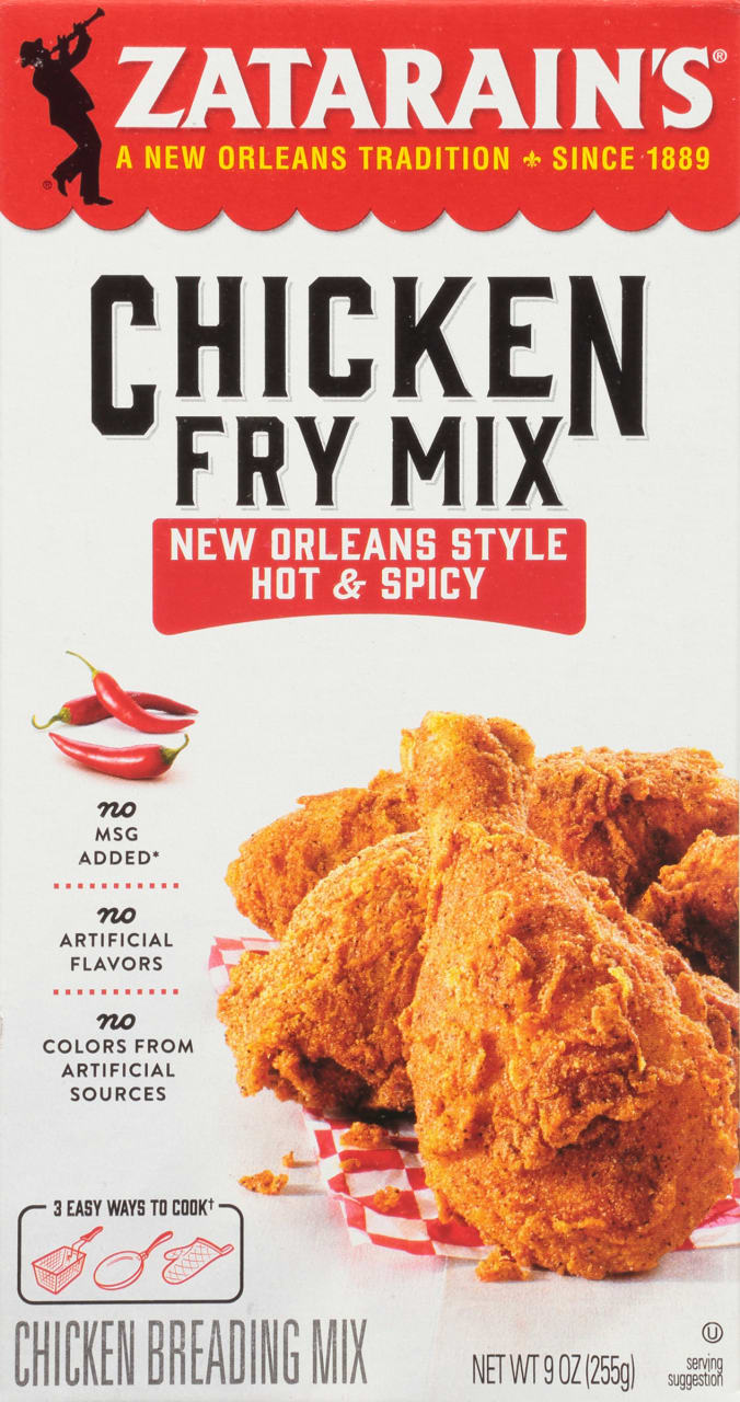 A box of Zatarain's Chicken Fry Mix, New Orleans Style, Hot &amp; Spicy, with a picture of fried chicken.
