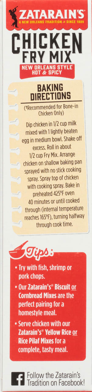 Zatarain's Chicken Fry Mix box with instructions and tips for cooking.