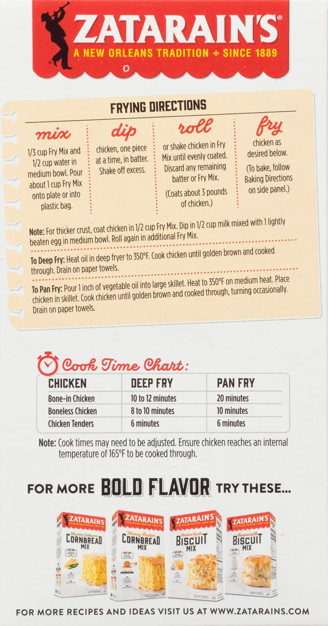 Zatarain's Fry Mix instructions and cooking times for chicken, along with suggestions for other Zatarain's products.