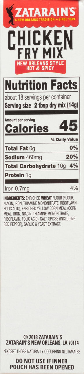 Zatarain's Chicken Fry Mix nutrition facts label.