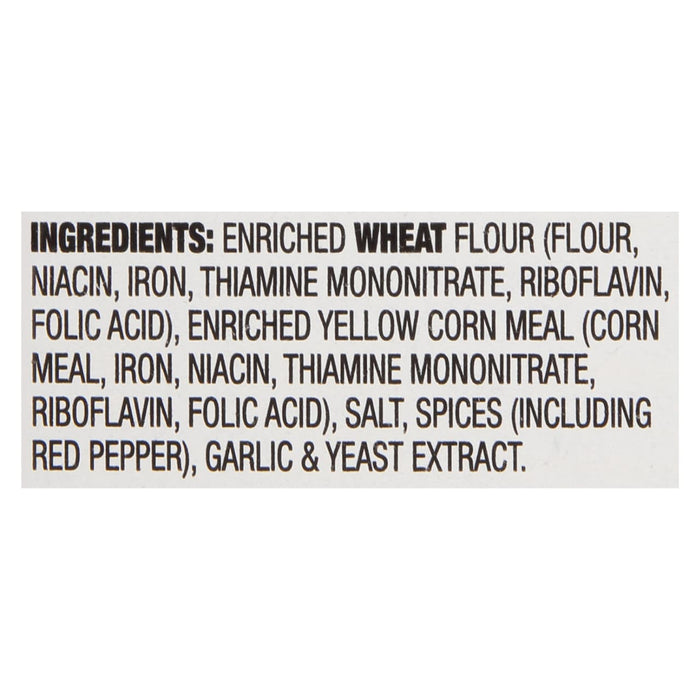 A list of ingredients for a product, including enriched wheat flour, enriched yellow corn meal, salt, spices, red pepper, garlic and yeast extract.