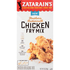 A box of Zatarain's Southern Buttermilk Chicken Fry Mix with a picture of fried chicken on the front.