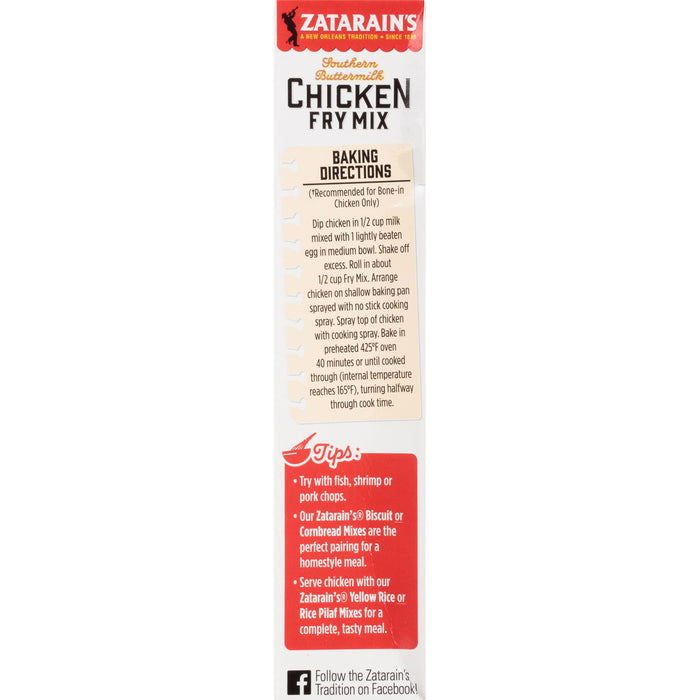Zatarain's Southern Buttermilk Chicken Fry Mix box with instructions and tips for preparing the mix.