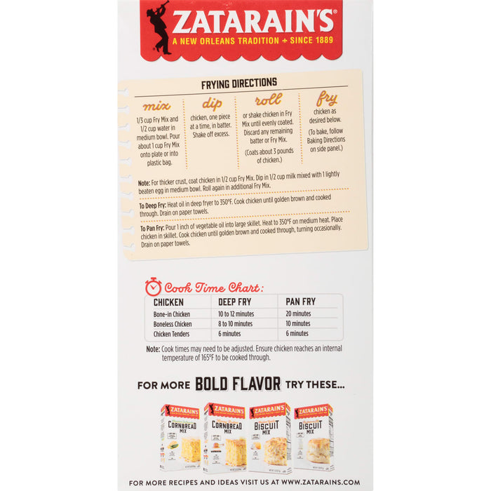 Zatarain's Fry Mix package with instructions and a cook time chart for chicken.
