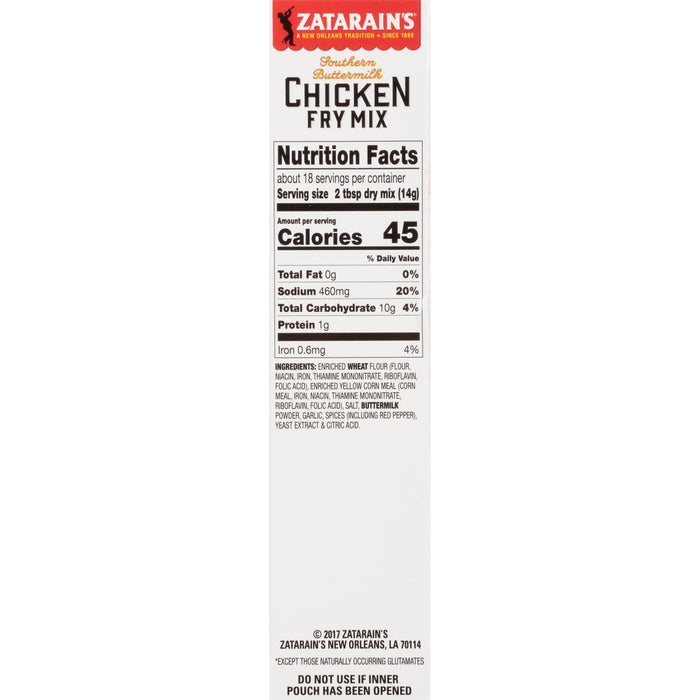 Zatarain's Southern Buttermilk Chicken Fry Mix nutrition facts label.