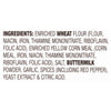 A list of ingredients for a product, including enriched wheat flour, enriched yellow corn meal, buttermilk powder, garlic, spices, yeast extract and citric acid.