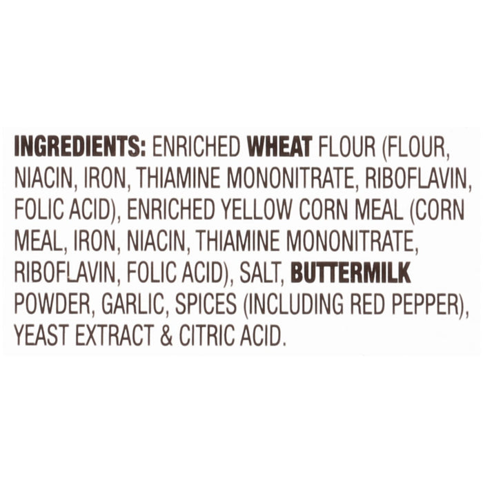 A list of ingredients for a product, including enriched wheat flour, enriched yellow corn meal, buttermilk powder, garlic, spices, yeast extract and citric acid.