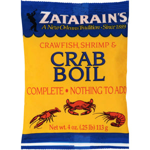 A Zatarains package of crab boil seasoning with a drawing of a crab shrimp and crawfish.