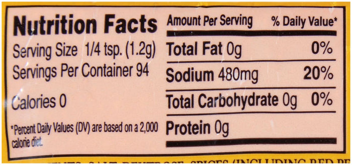 Nutrition facts label for a product with 0 calories 0g fat 480mg sodium 0g carbohydrates and 0g protein per serving.
