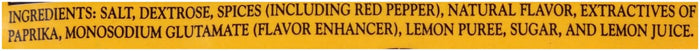 A list of ingredients for a product including salt dextrose spices red pepper natural flavor paprika and lemon juice.