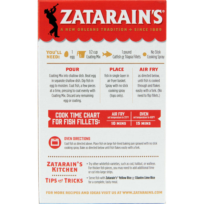Zatarain's Fish Fillets box shows cooking instructions for air fryer and oven.